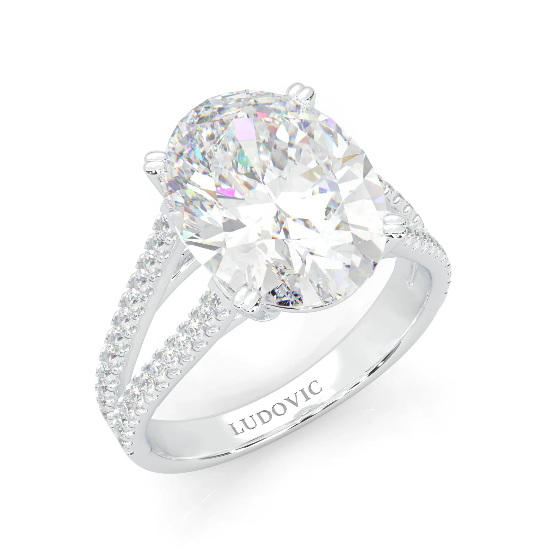 8 Prongs- Oval Moissanite Engagement Ring (Platinum-Plated Silver) - Image 7