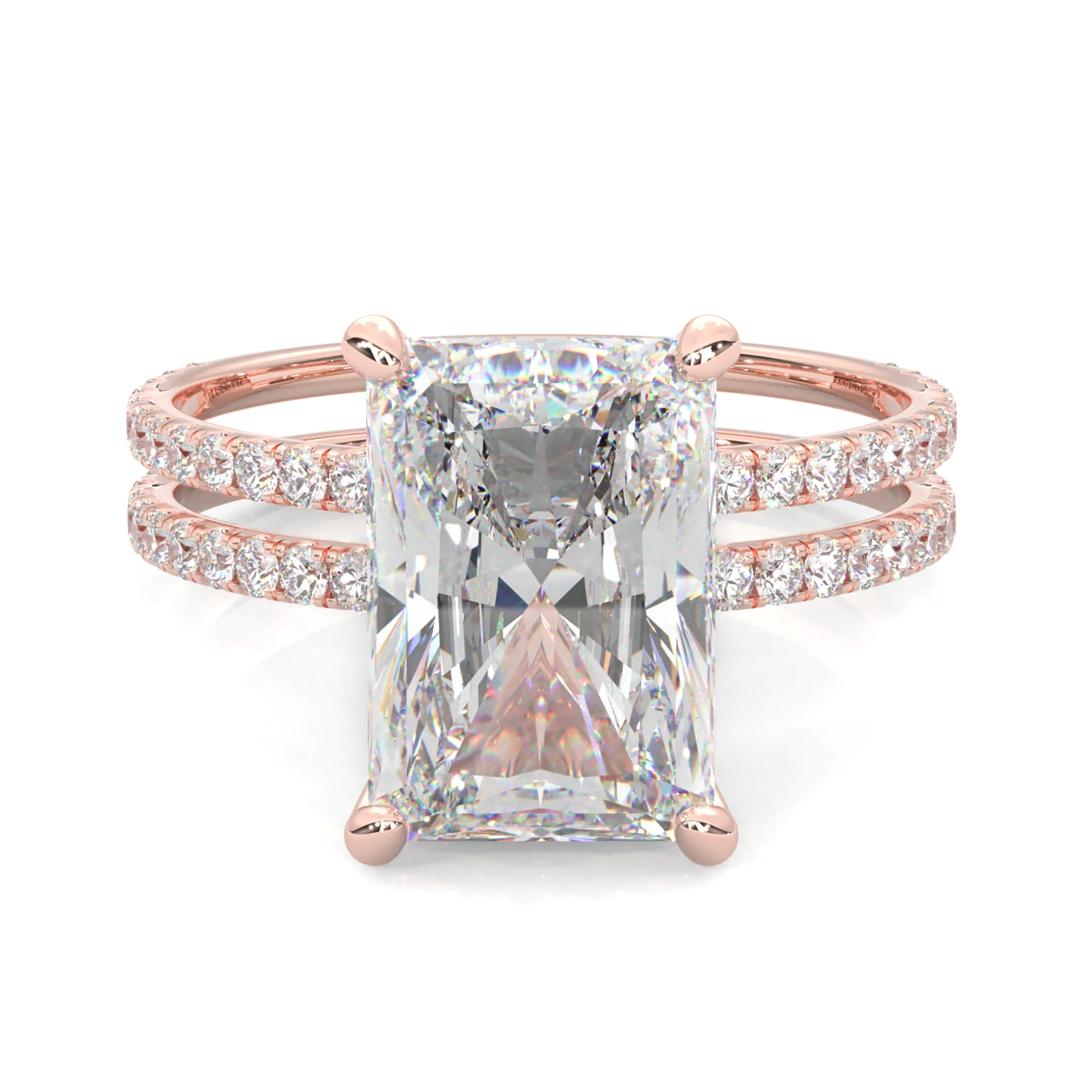 Radiant Hidden Halo Dual Band Moissanite Engagement Ring (Rose 14k Solid Gold)