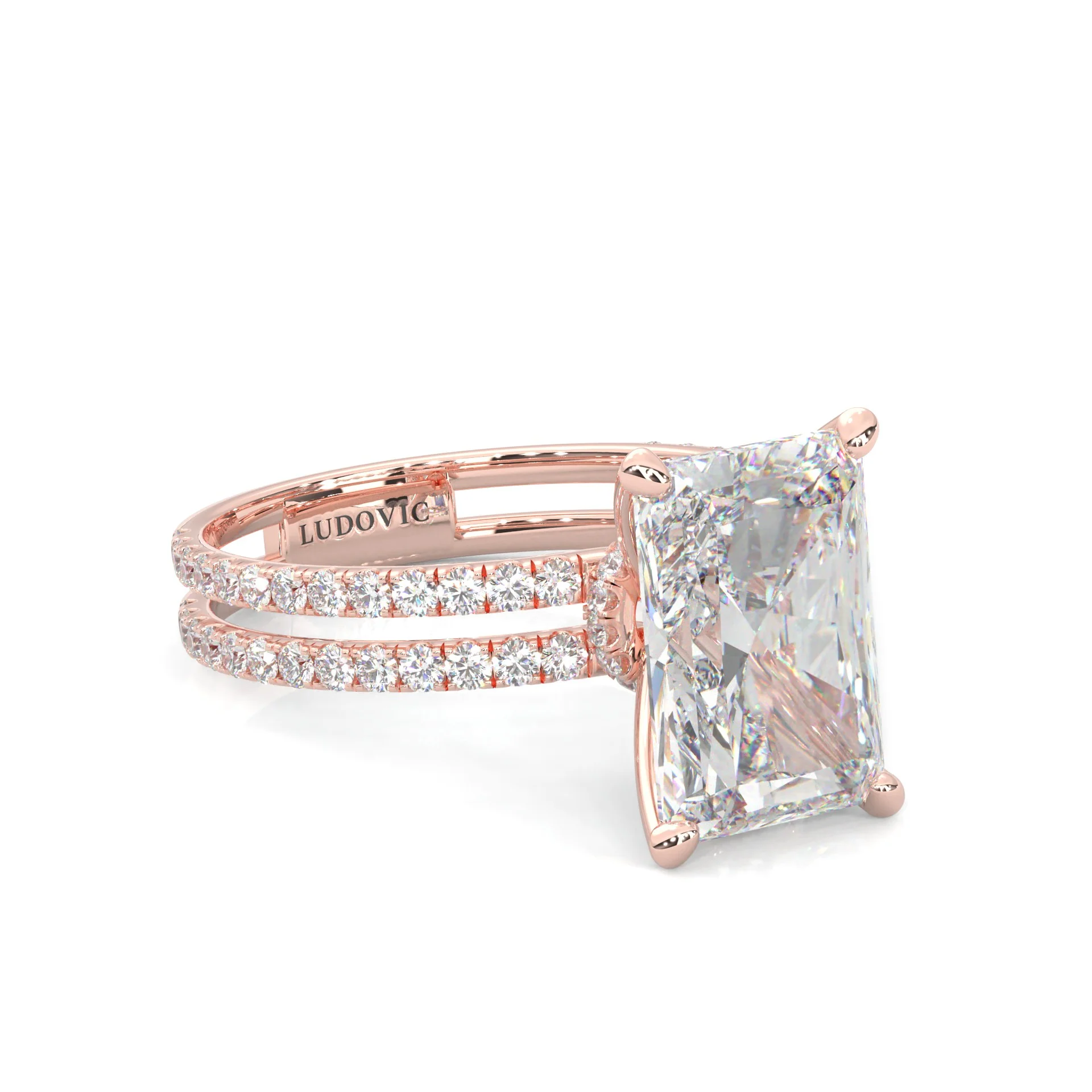 Radiant Hidden Halo Dual Band Moissanite Engagement Ring (Rose 14k Solid Gold) - Image 3