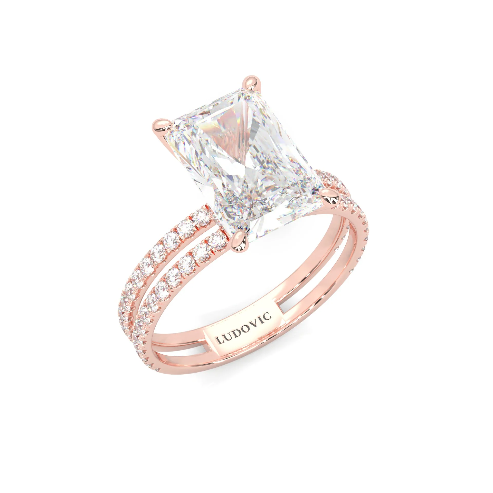 Radiant Hidden Halo Dual Band Moissanite Engagement Ring (Rose 14k Solid Gold) - Image 6