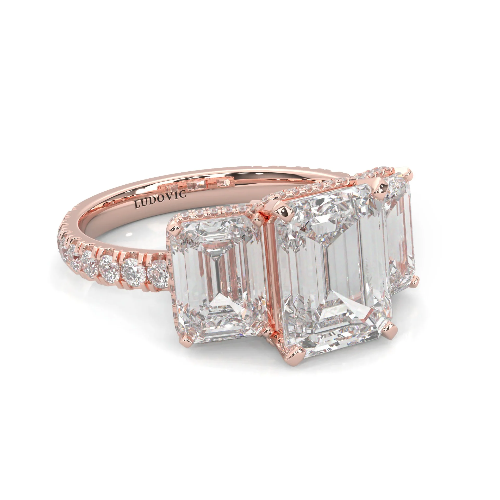 3-Stone Hidden Halo Emerald Cut Moissanite Ring (14K Rose Gold) - Image 3