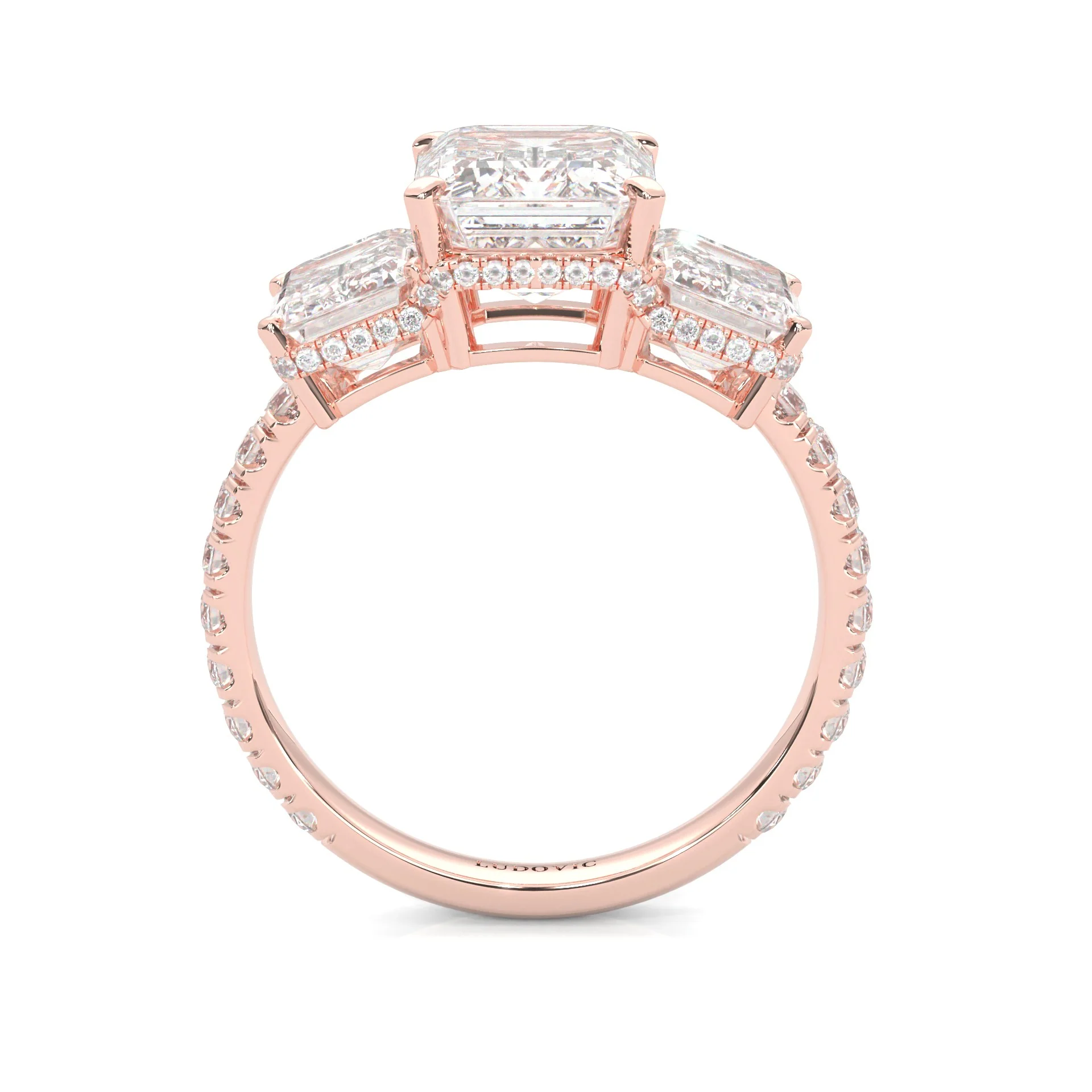 3-Stone Hidden Halo Emerald Cut Moissanite Ring (14K Rose Gold) - Image 4