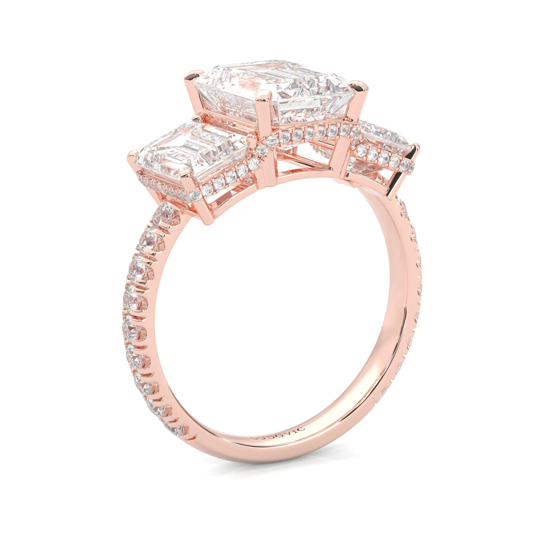 3-Stone Hidden Halo Emerald Cut Moissanite Ring (14K Rose Gold) - Image 5