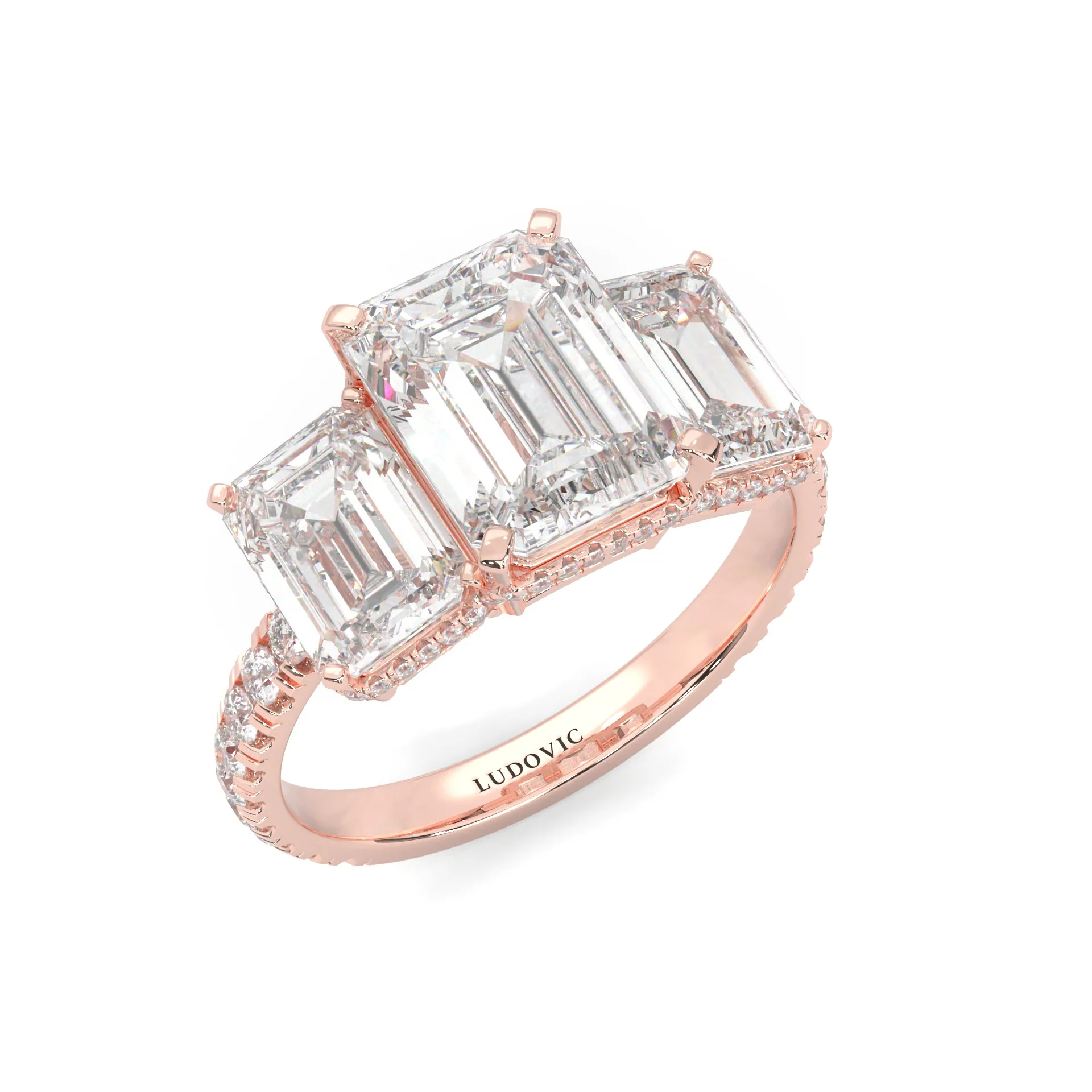 3-Stone Hidden Halo Emerald Cut Moissanite Ring (14K Rose Gold) - Image 6