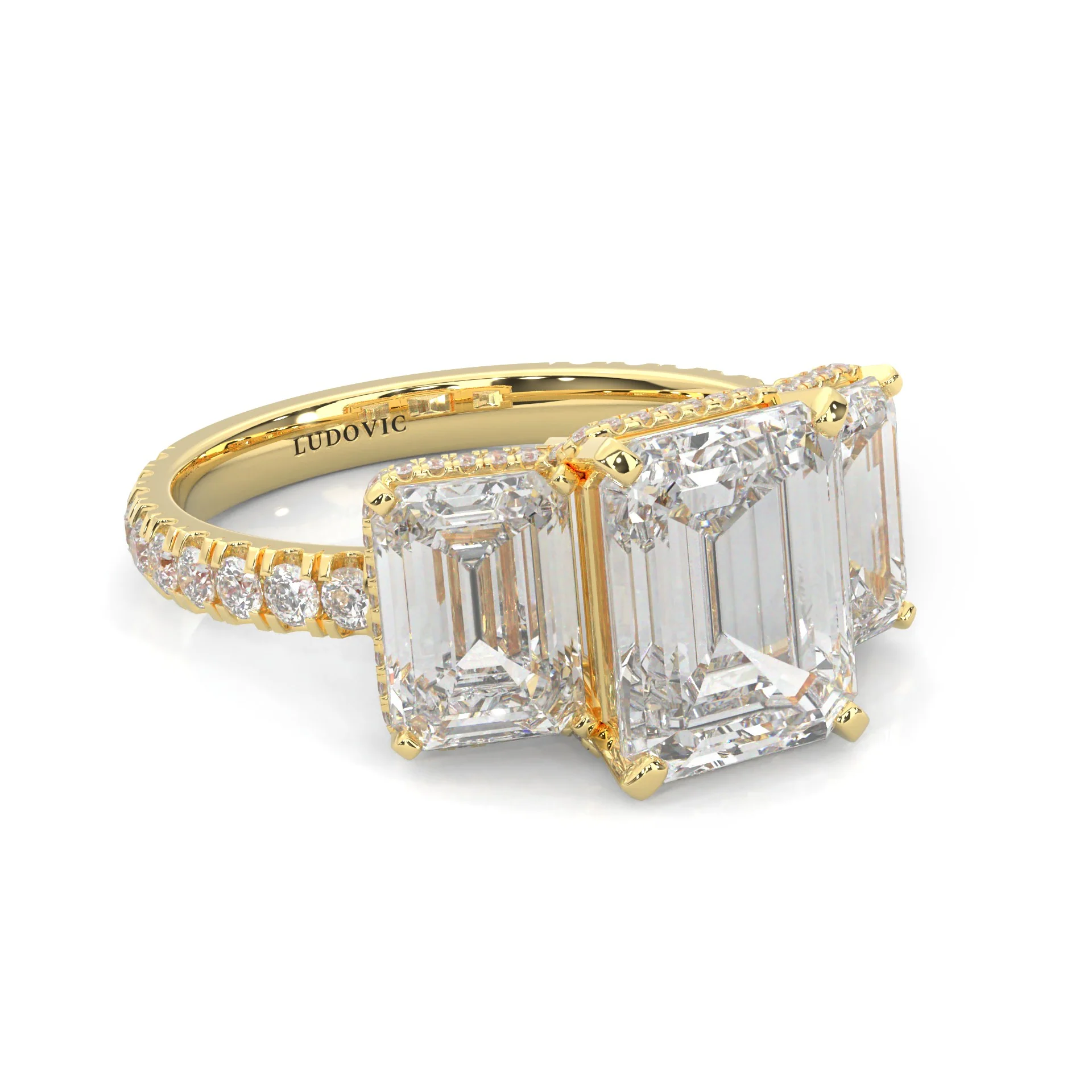 3-Stone Hidden Halo Emerald Cut Moissanite Ring ( 14K Yellow Gold ) - Image 3