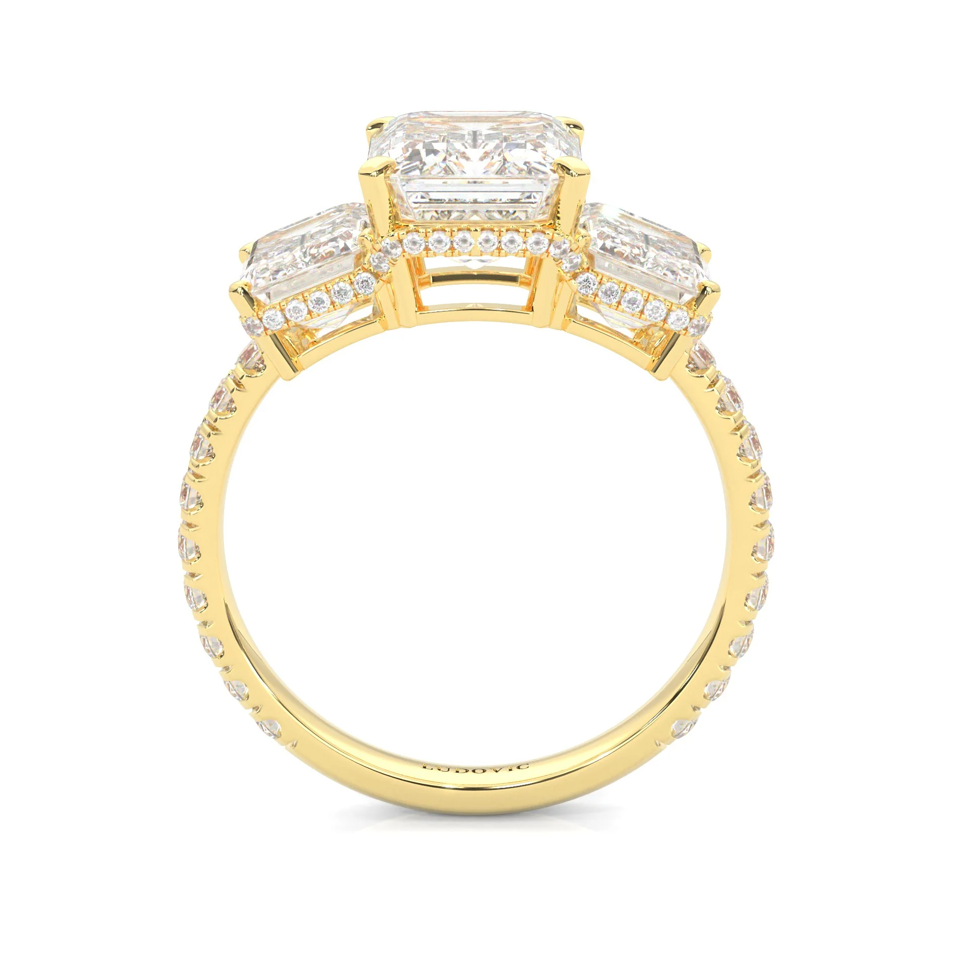 3-Stone Hidden Halo Emerald Cut Moissanite Ring ( 14K Yellow Gold ) - Image 4