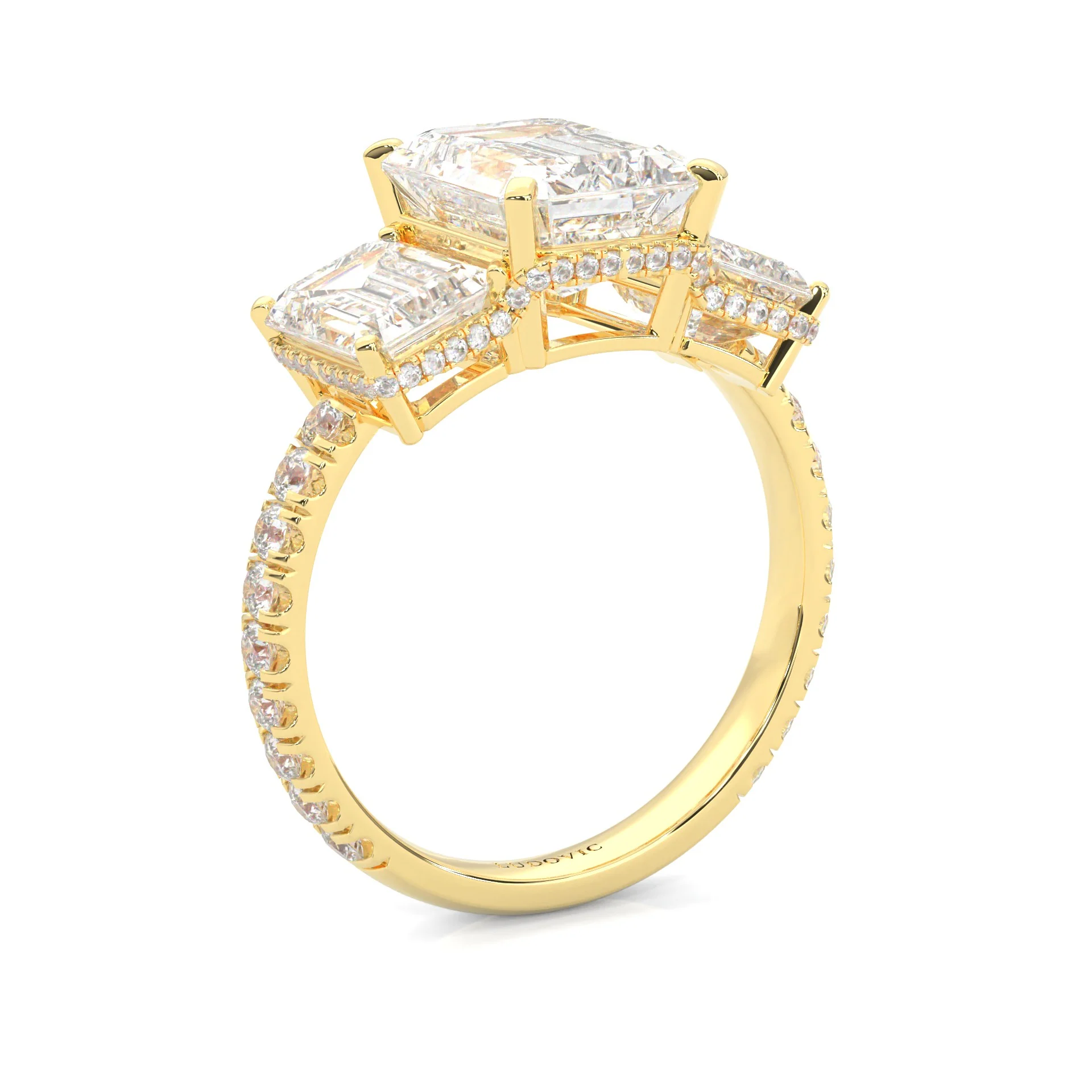 3-Stone Hidden Halo Emerald Cut Moissanite Ring ( 14K Yellow Gold ) - Image 5