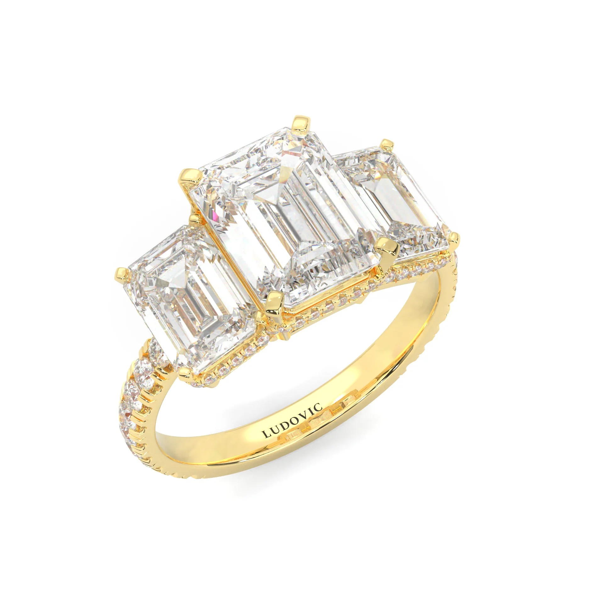 3-Stone Hidden Halo Emerald Cut Moissanite Ring ( 14K Yellow Gold ) - Image 6