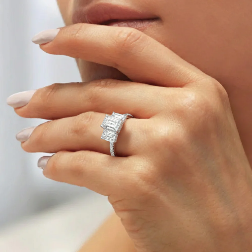 3-Stone Hidden Halo Emerald Cut Moissanite Ring (Platinum-Plated Silver) - Image 2