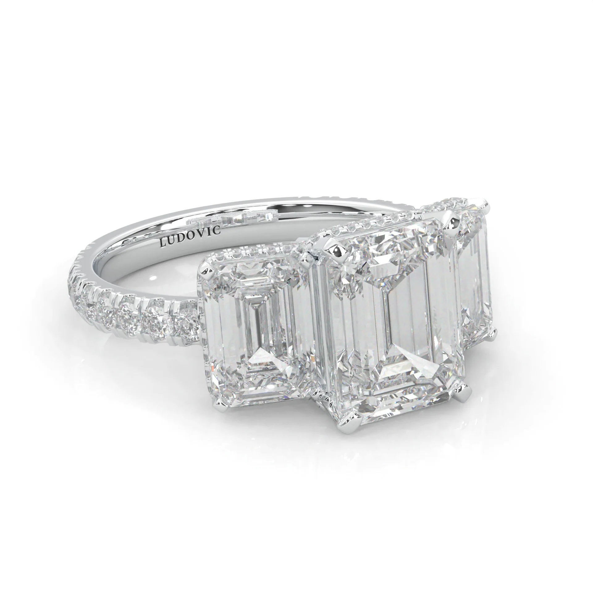 3-Stone Hidden Halo Emerald Cut Moissanite Ring (Platinum-Plated Silver) - Image 3