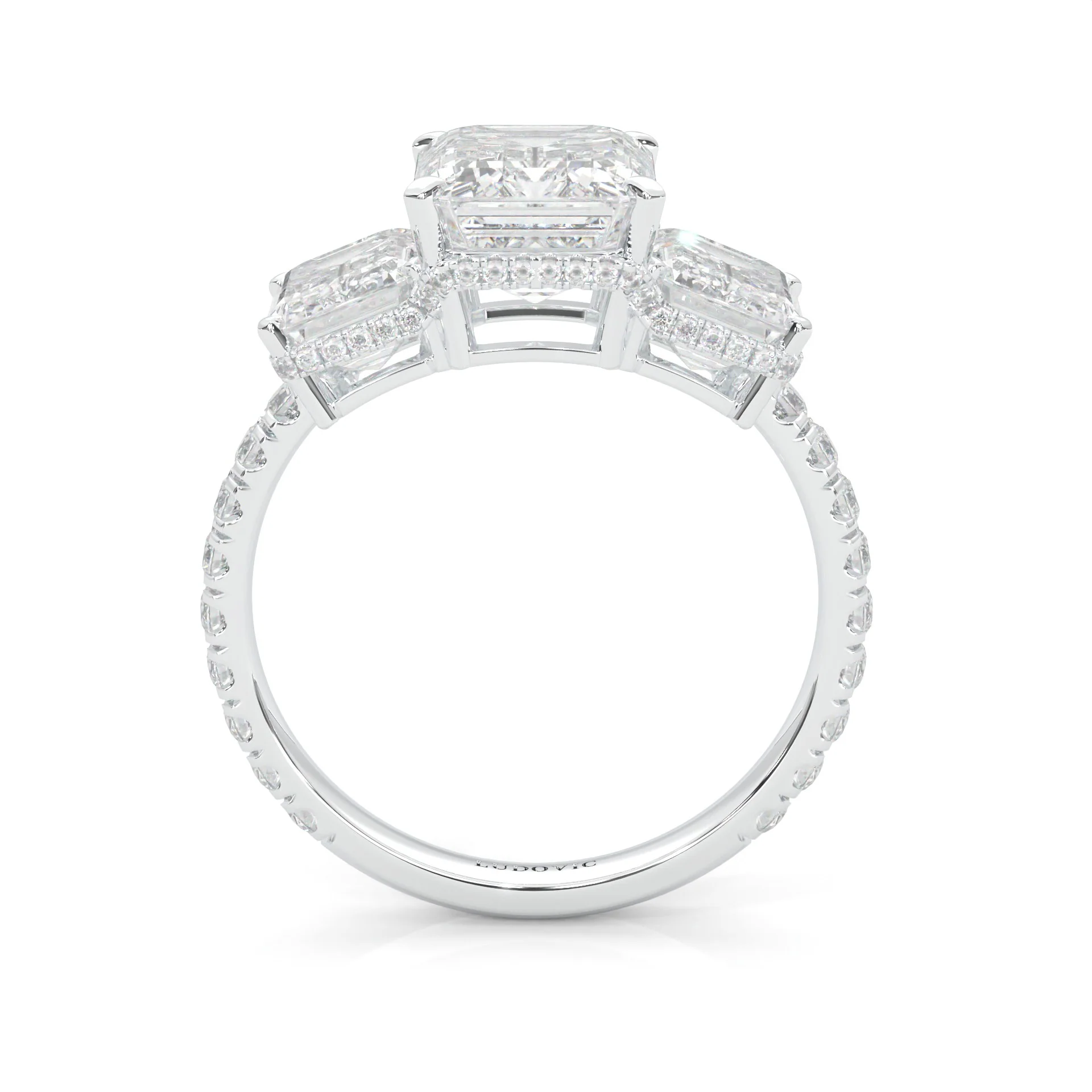 3-Stone Hidden Halo Emerald Cut Moissanite Ring (Platinum-Plated Silver) - Image 4