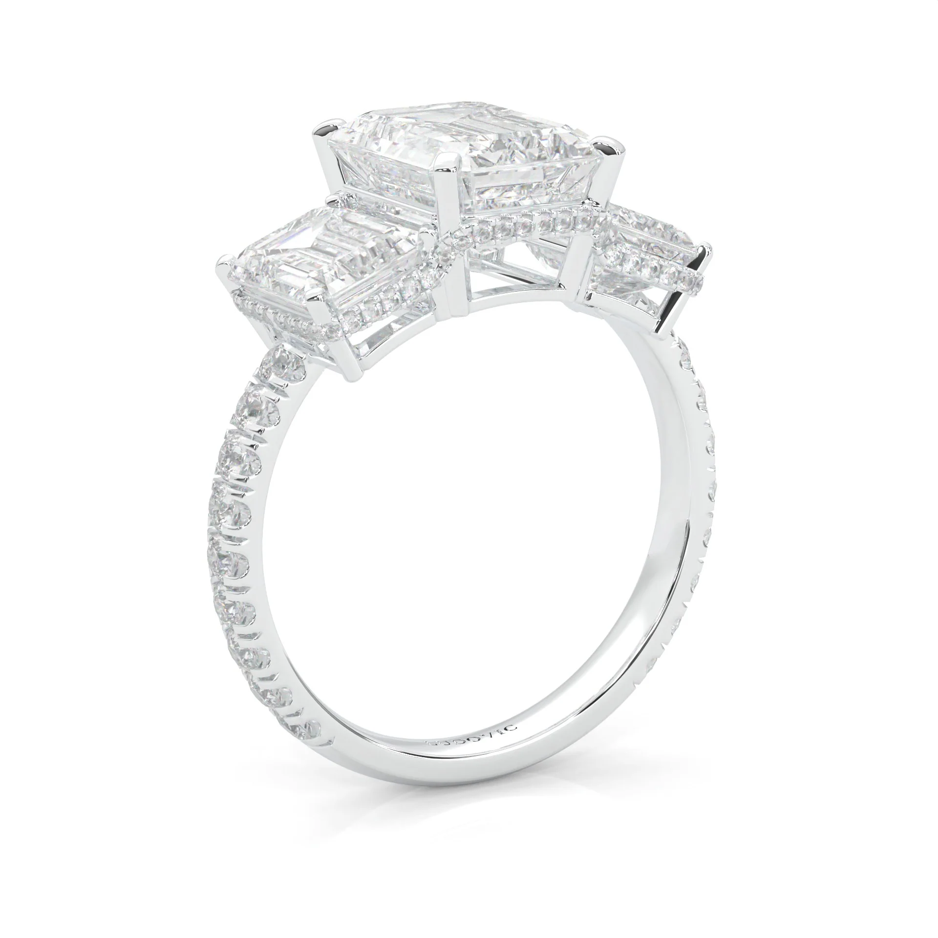 3-Stone Hidden Halo Emerald Cut Moissanite Ring (Platinum-Plated Silver) - Image 5
