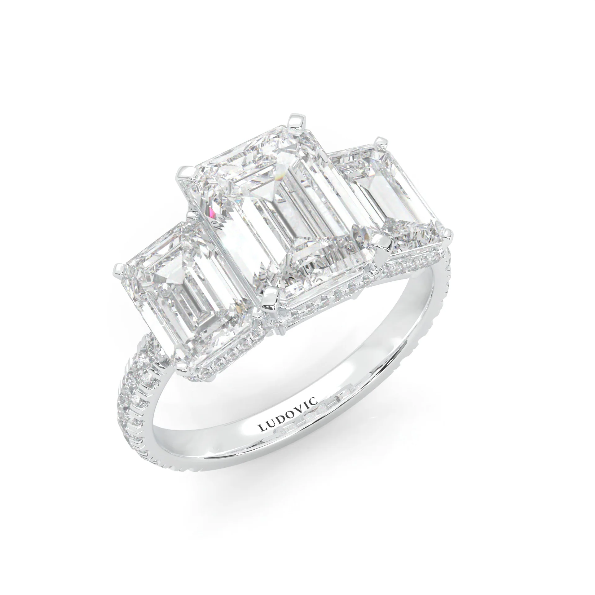 3-Stone Hidden Halo Emerald Cut Moissanite Ring (Platinum-Plated Silver) - Image 6