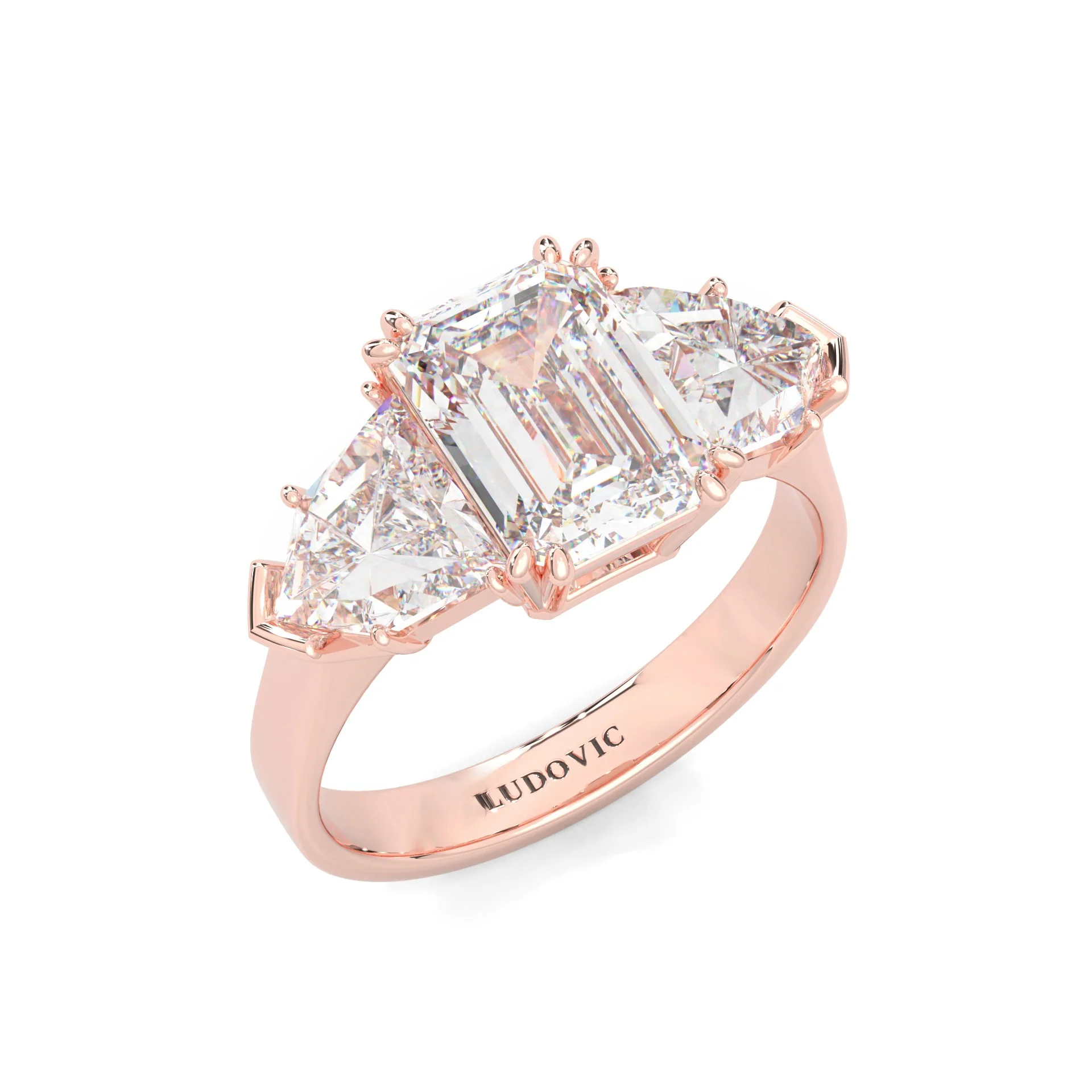 Ludovic Lyra (Three-stone) Moissanite Engagement Ring (Rose 14k Solid Gold) - Image 5