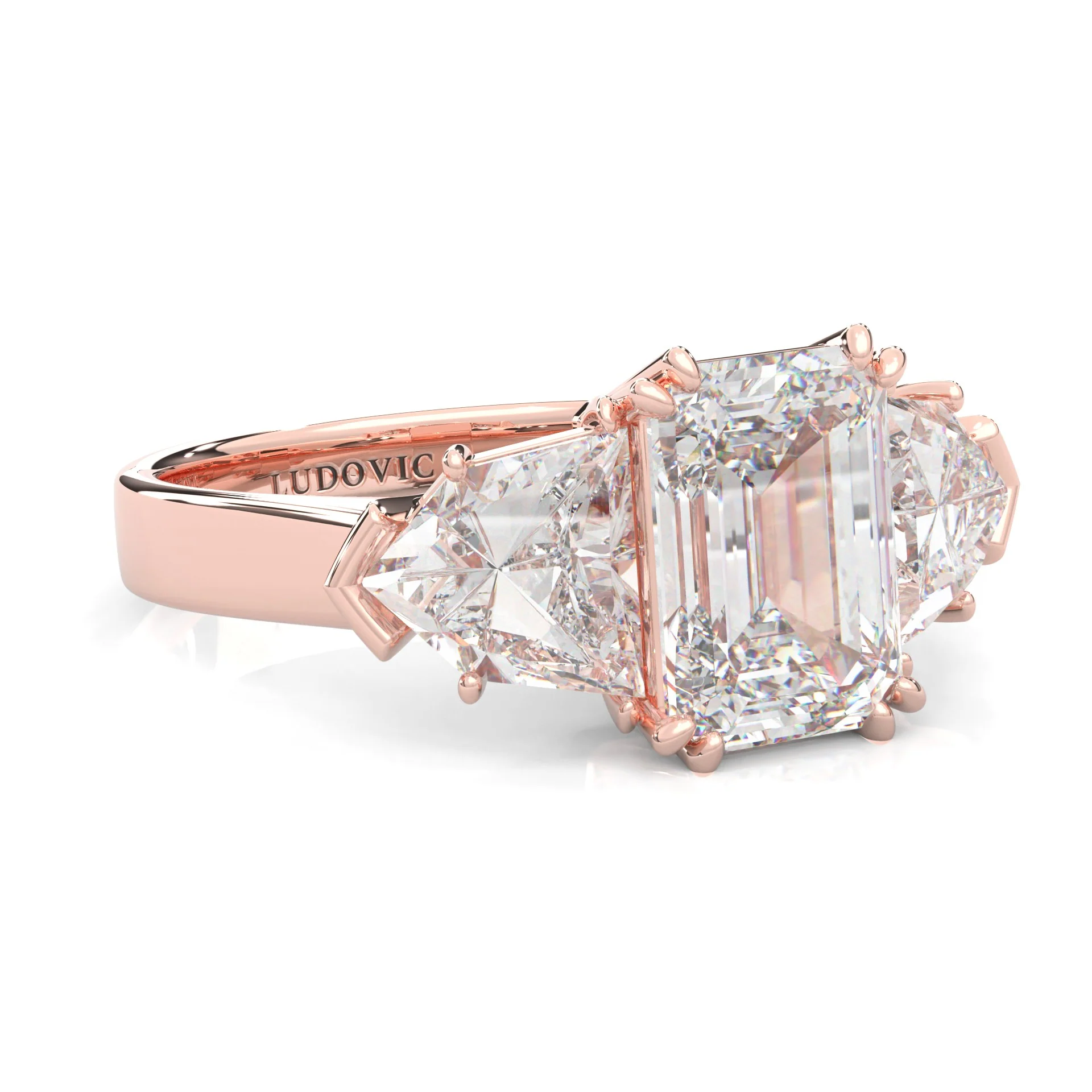 Ludovic Lyra (Three-stone) Moissanite Engagement Ring (Rose 14k Solid Gold) - Image 6