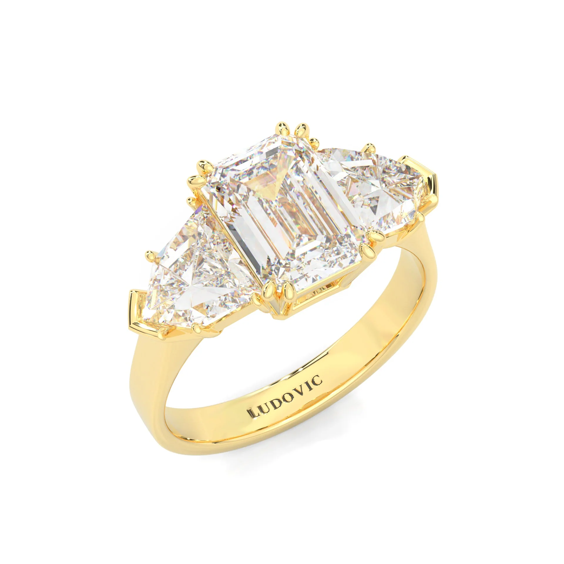 Ludovic Lyra (Three-stone) Moissanite Engagement Ring (Yellow 14k Solid Gold) - Image 5