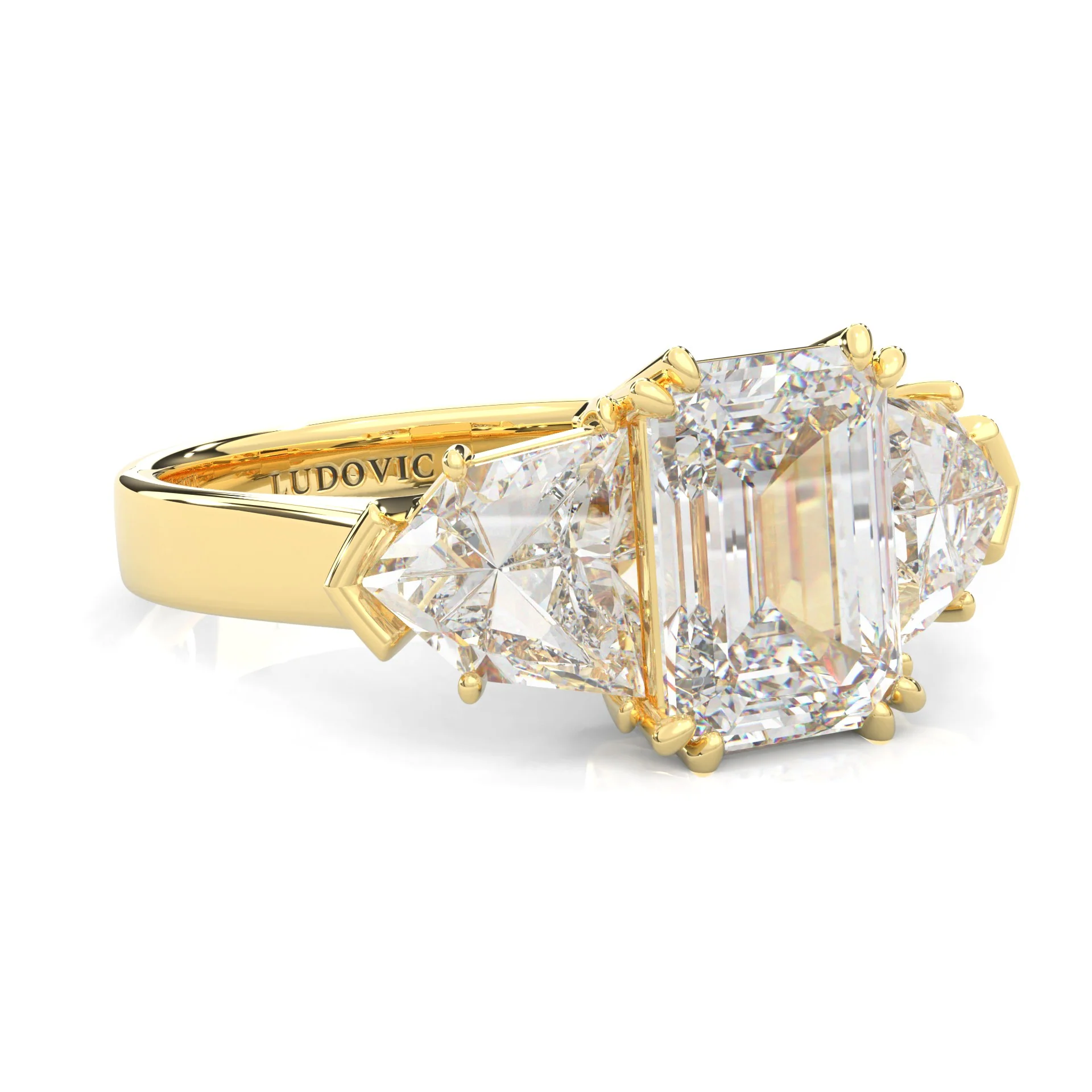 Ludovic Lyra (Three-stone) Moissanite Engagement Ring (Yellow 14k Solid Gold) - Image 6
