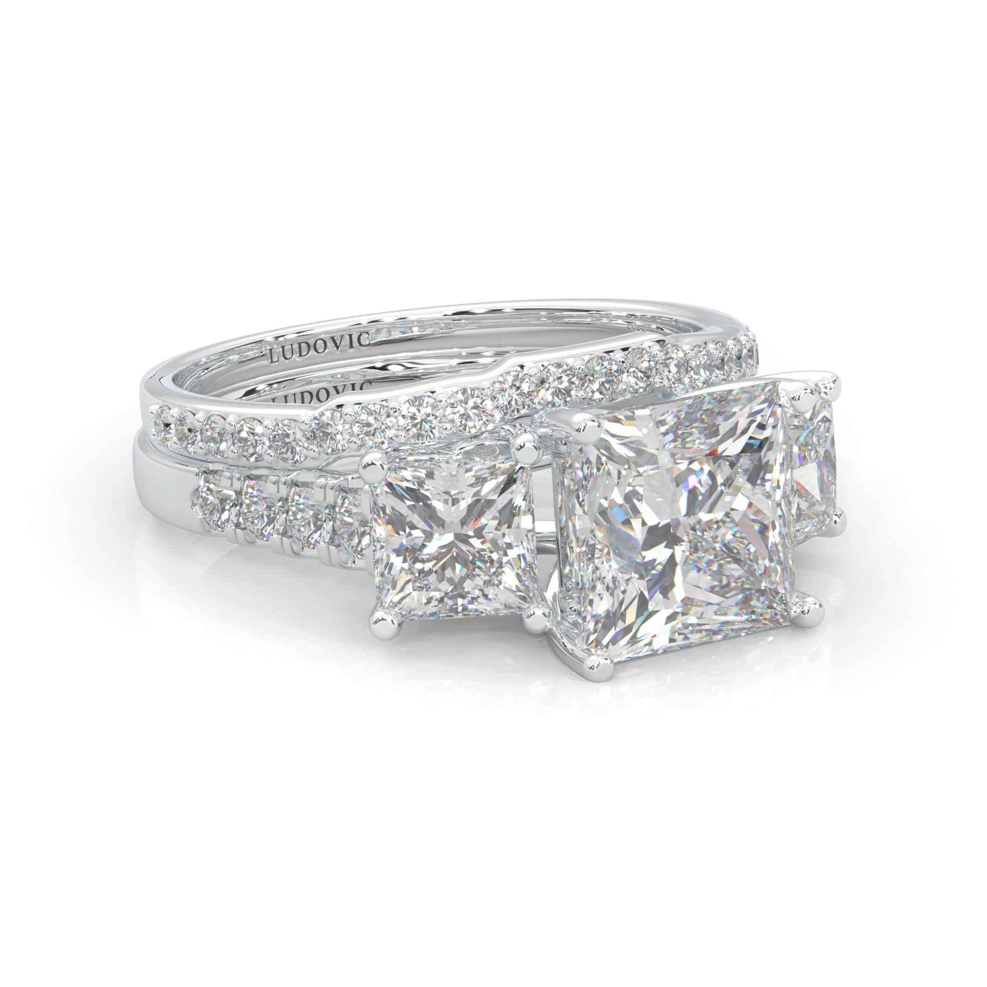 Lumière d'Or Princess Cut Wedding Set (Platinum-Plated Silver) - Image 3