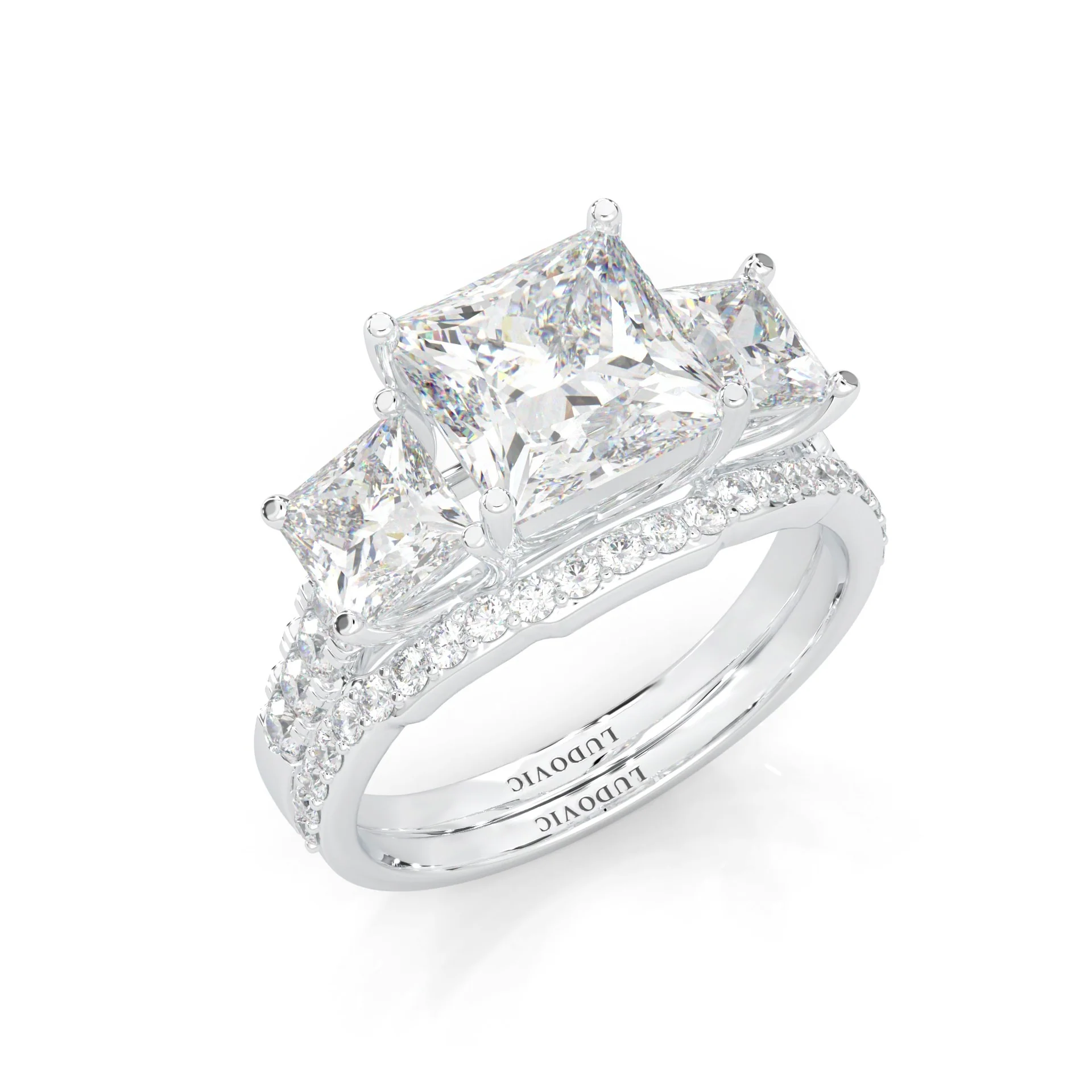 Lumière d'Or Princess Cut Wedding Set (Platinum-Plated Silver) - Image 7