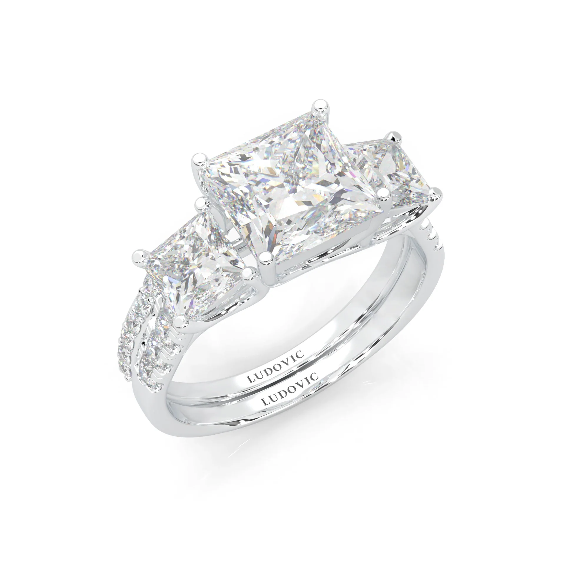 Lumière d'Or Princess Cut Wedding Set (Platinum-Plated Silver) - Image 8