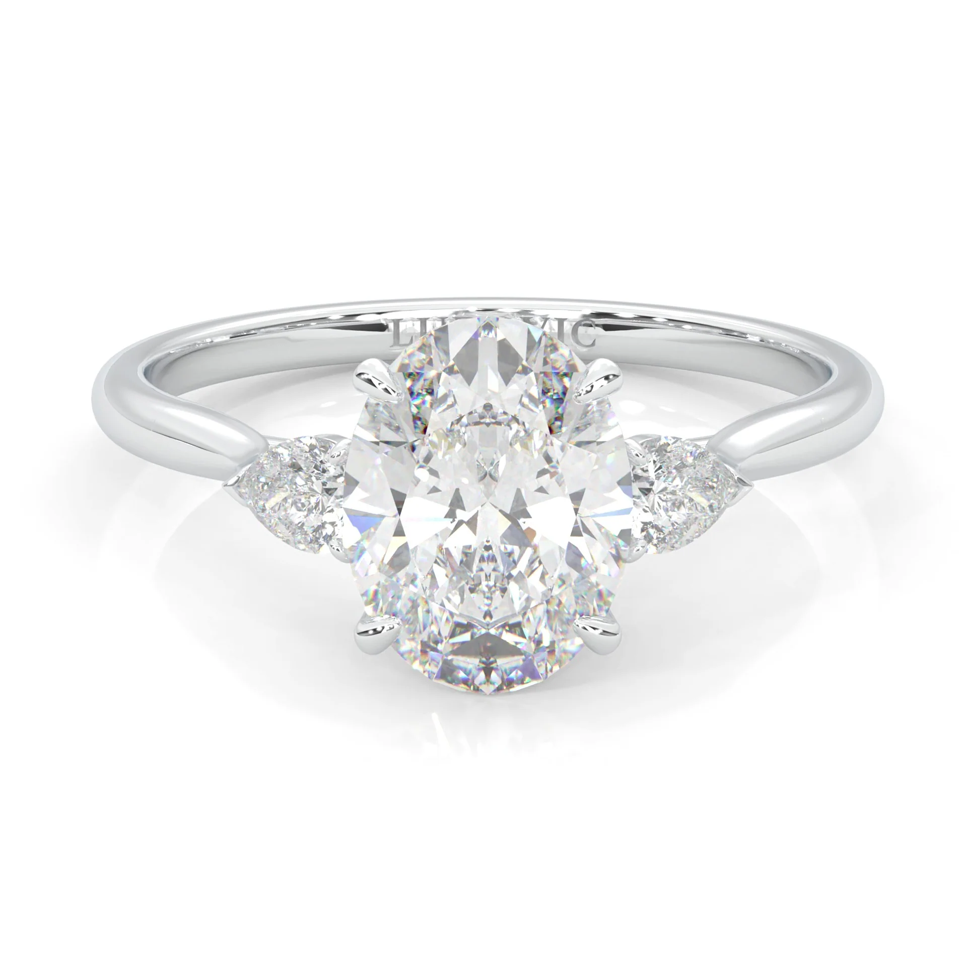 Oval & Pear Moissanite Cathedral 3-Stone Ring (Platinum-Plated Silver)