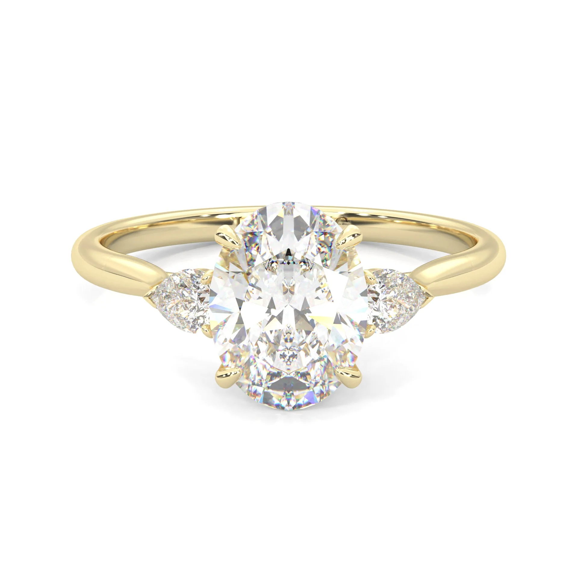 Oval & Pear Moissanite Cathedral 3-Stone Ring ( Yellow Gold 14K )