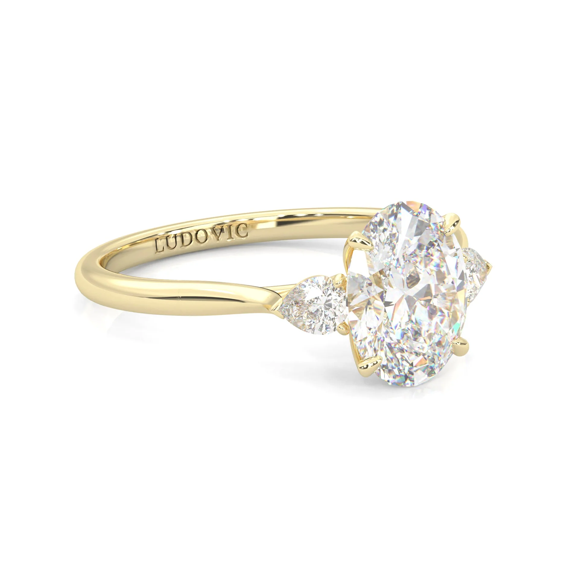 Oval & Pear Moissanite Cathedral 3-Stone Ring ( Yellow Gold 14K ) - Image 2