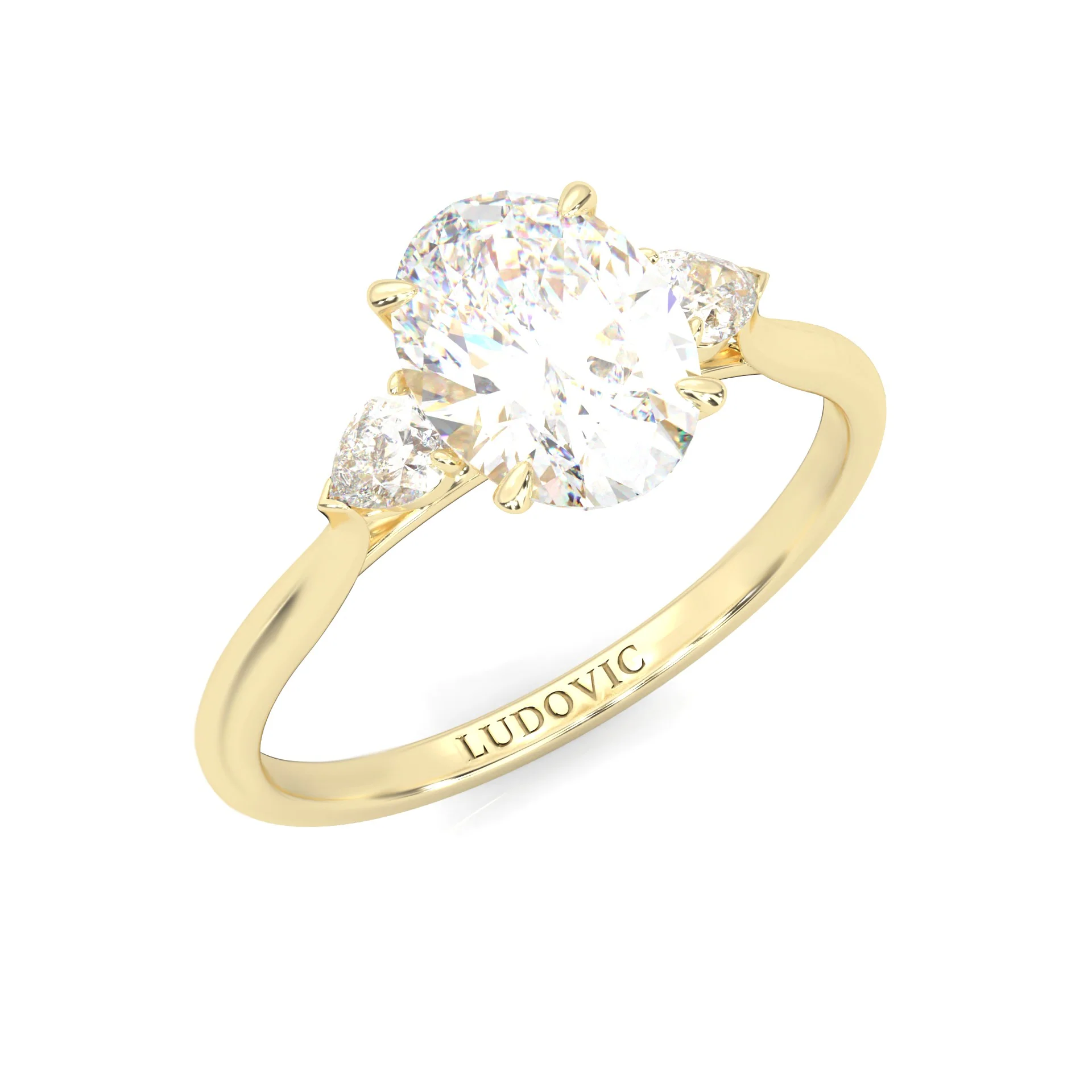 Oval & Pear Moissanite Cathedral 3-Stone Ring ( Yellow Gold 14K ) - Image 6