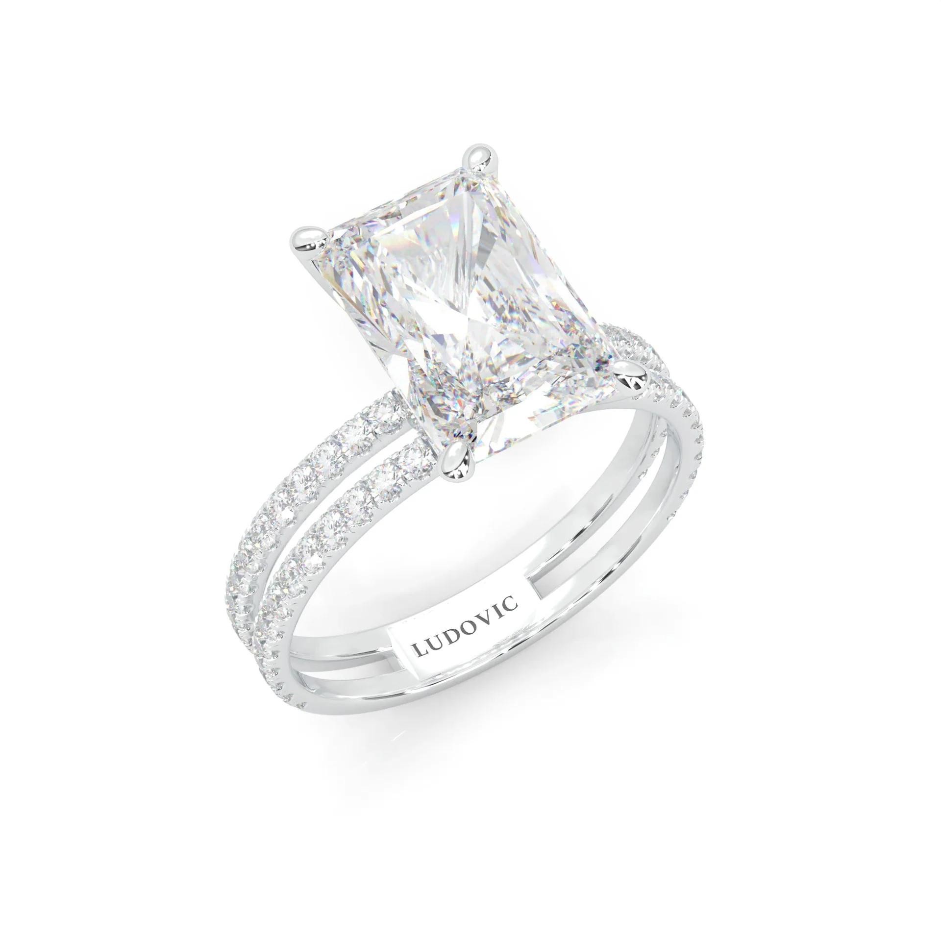 Radiant Hidden Halo Dual Band Moissanite Engagement Ring (Platinum-Plated Silver) - Image 6