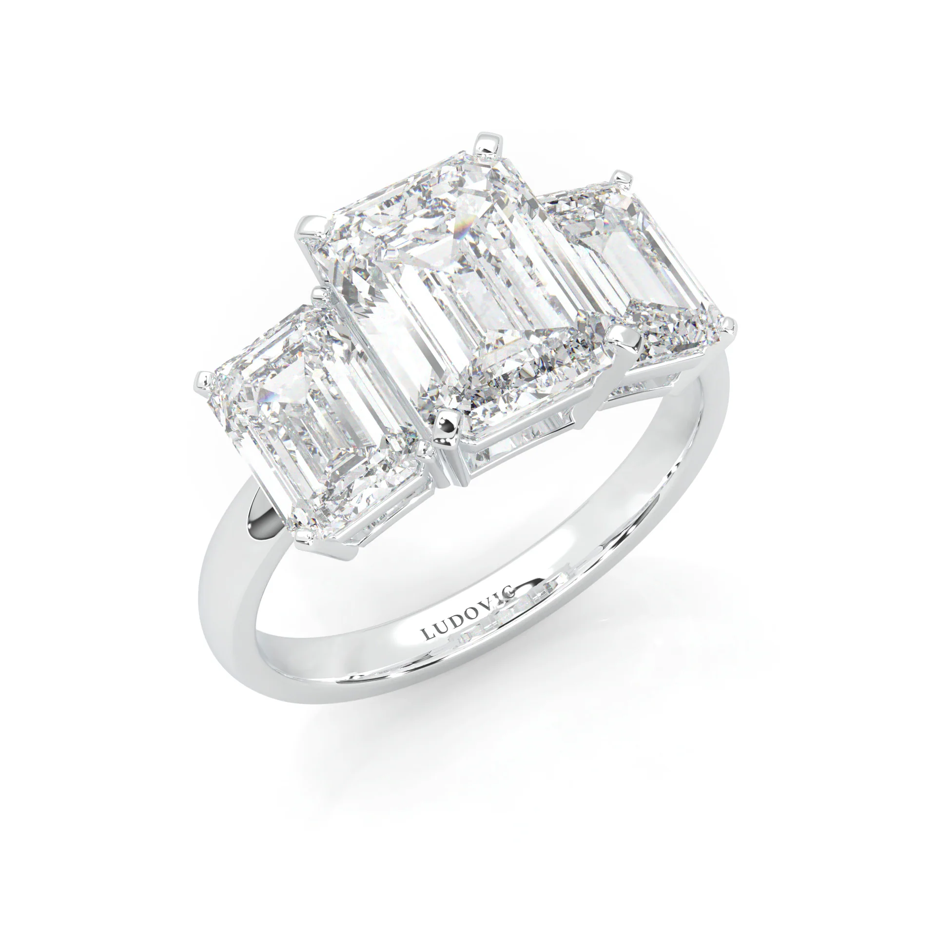 Three Stones Emerald Cut Moissanite Ring (Platinum-Plated Silver) - Image 6