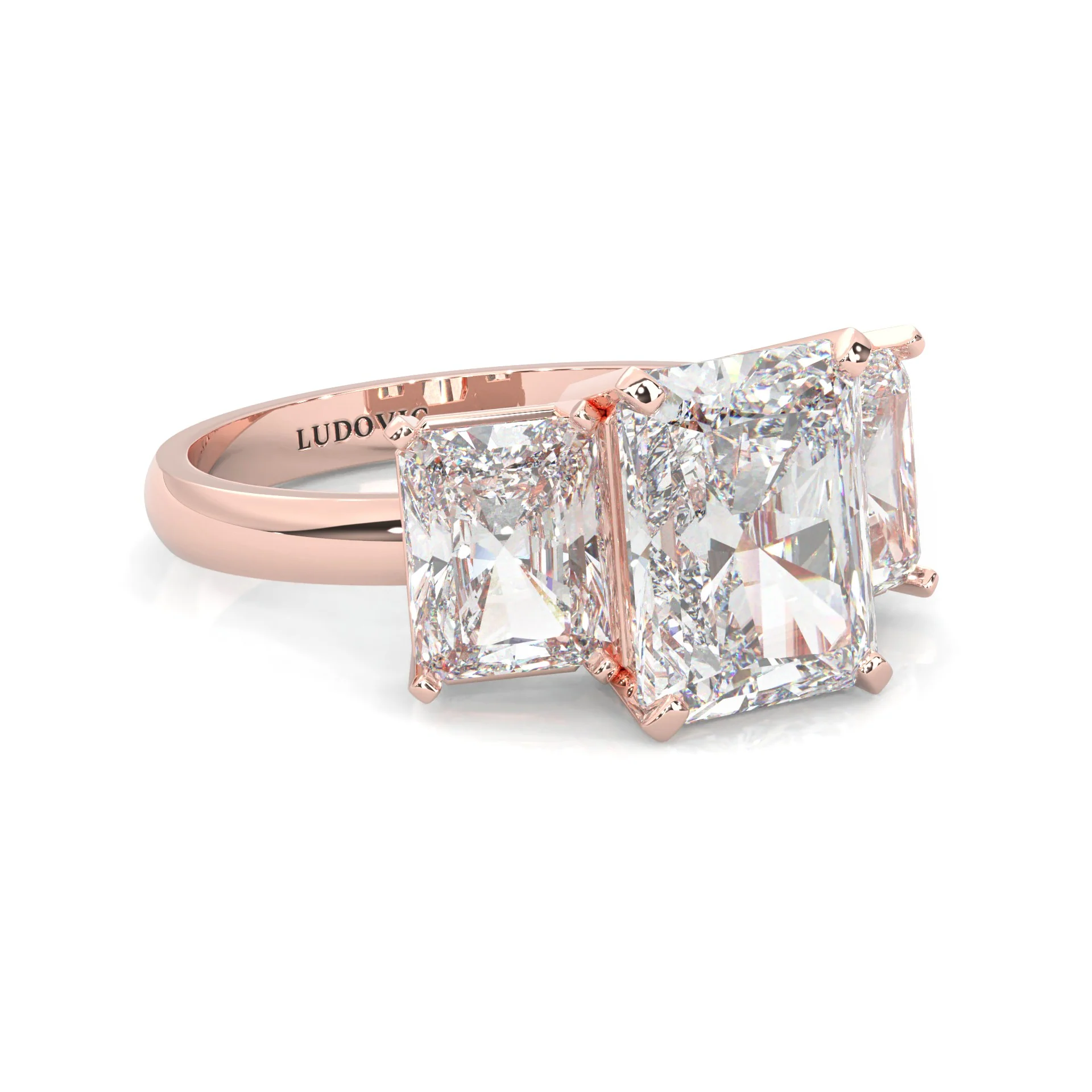 Three-Stone Radiant Cut Moissanite Engagement Ring ( Rose Gold 14K ) - Image 3