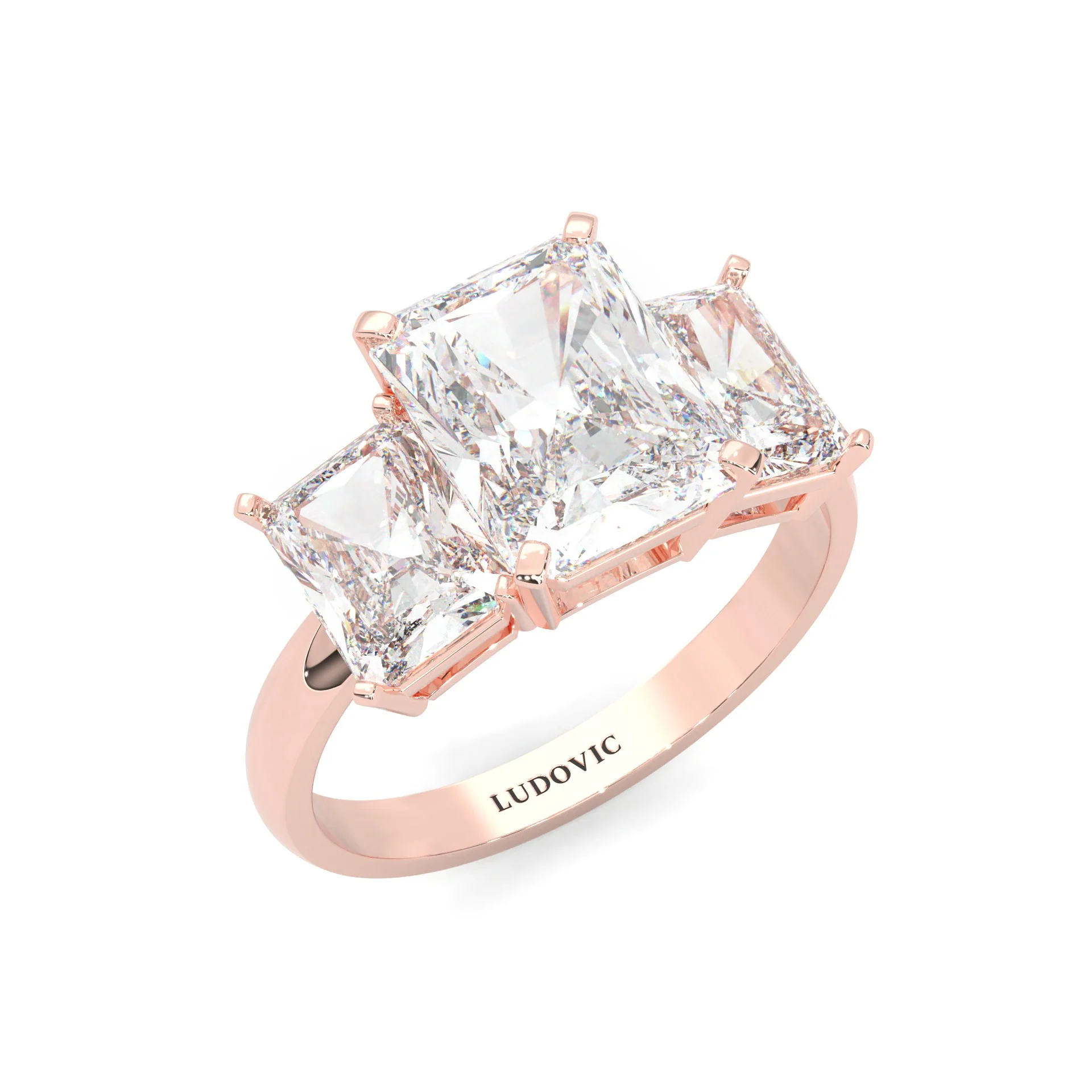 Three-Stone Radiant Cut Moissanite Engagement Ring ( Rose Gold 14K ) - Image 5