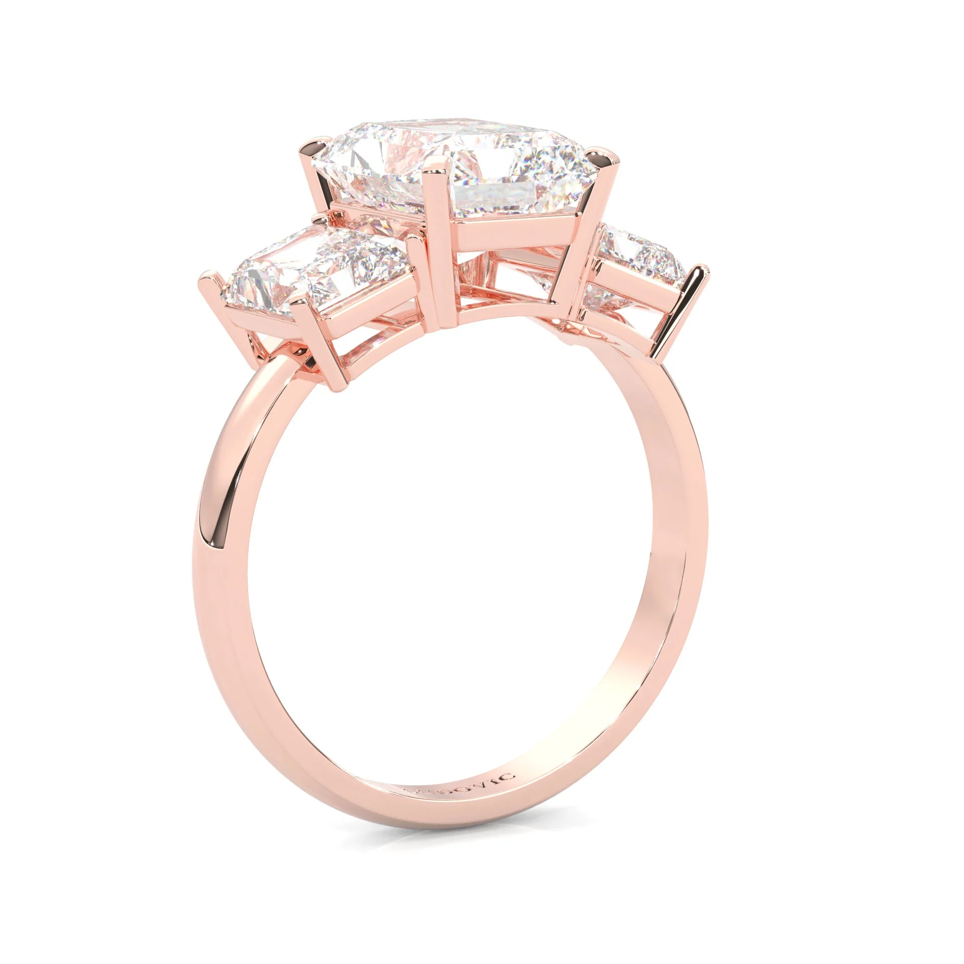 Three-Stone Radiant Cut Moissanite Engagement Ring ( Rose Gold 14K ) - Image 6